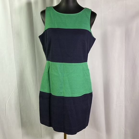 NWT Banana Republic Navy & Green Striped Sleeveless Cotton Sheath Dress - Picture 1 of 16
